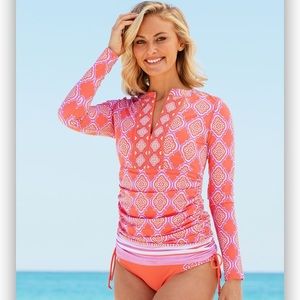 Coral Geo Ruched Embroidered Rashguard